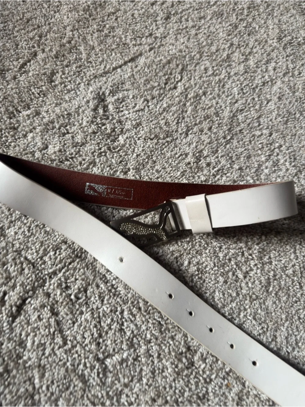 Puma Y2K Rhinestone White Leather Belt with Silver Buckle